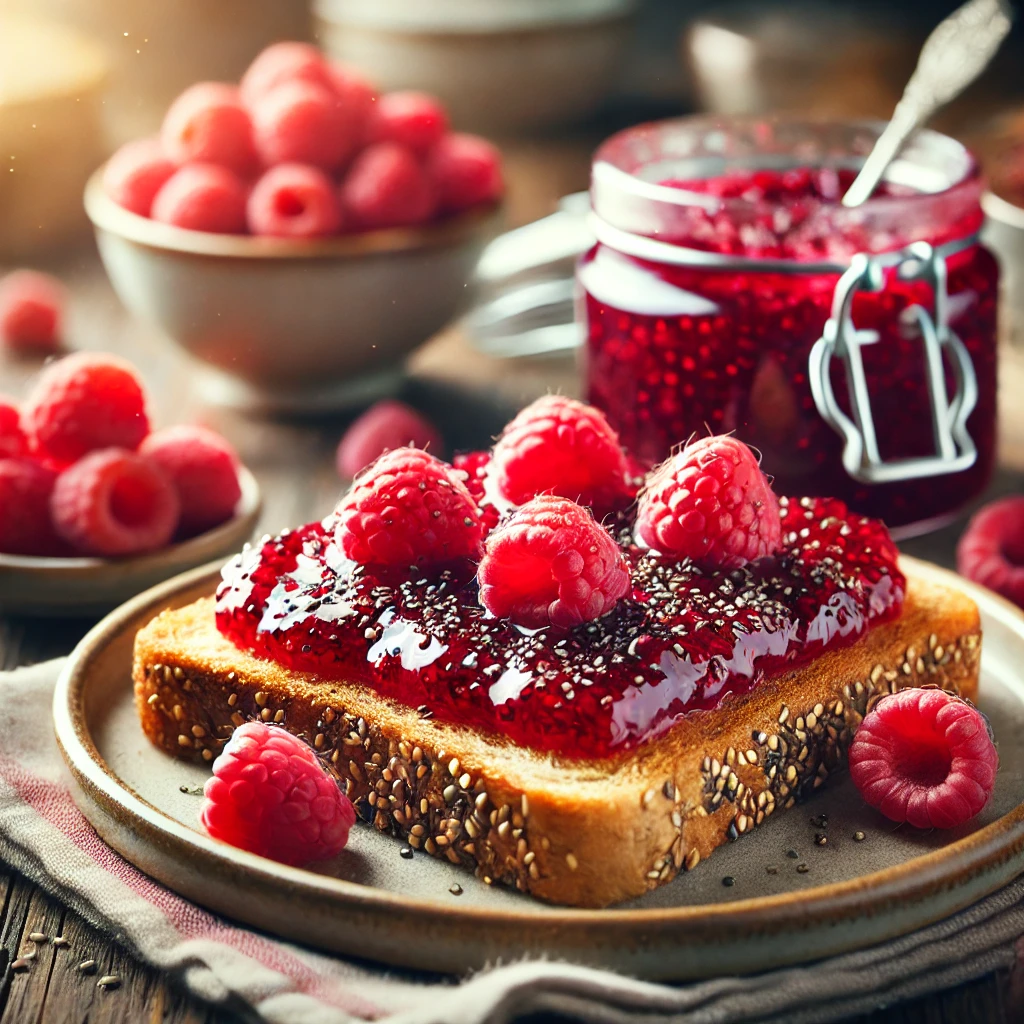 Frambozen-chia jam op volkoren toast