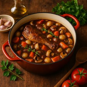 Franse coq au vin in de Dutch oven
