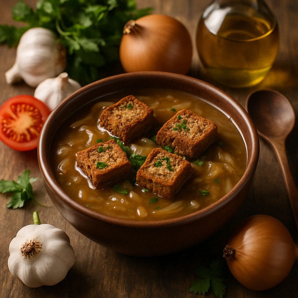 Franse uiensoep met volkoren croutons