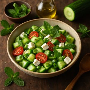 Frisse komkommer bowl met munt en feta