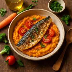 Gebakken makreel met wortelpuree