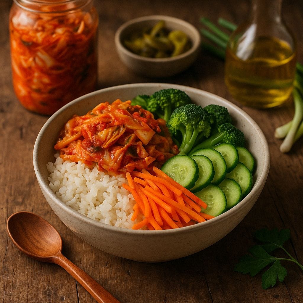 Gefermenteerde bowl met kimchi en rijst