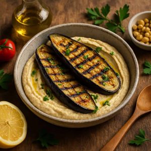Gegrilde aubergine met hummus