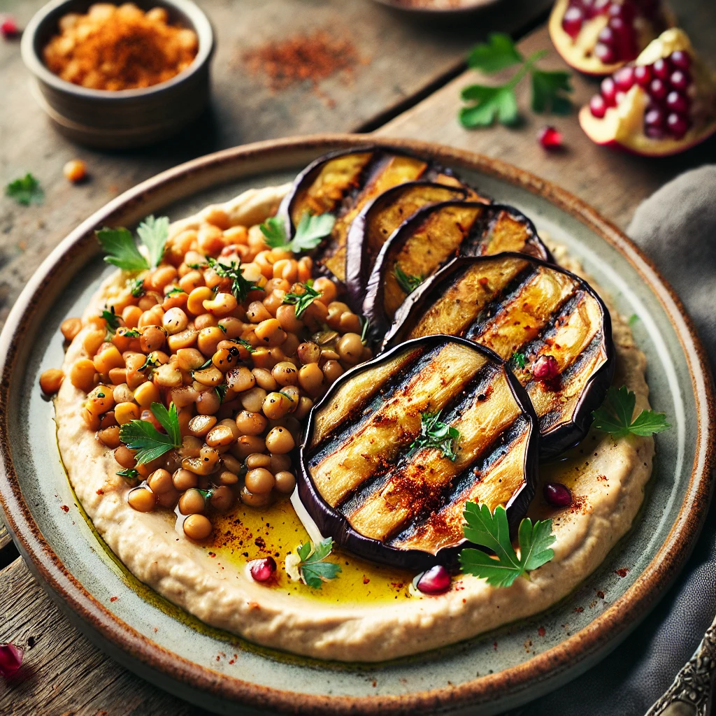 Gegrilde aubergine met hummus en linzen