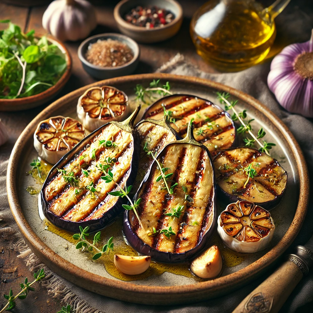 Gegrilde aubergine met knoflook en tijm