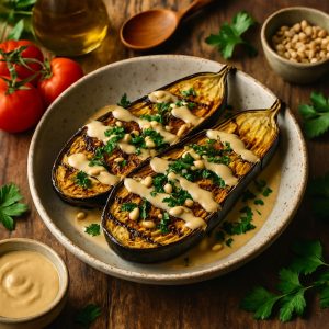 Gegrilde aubergine met tahin
