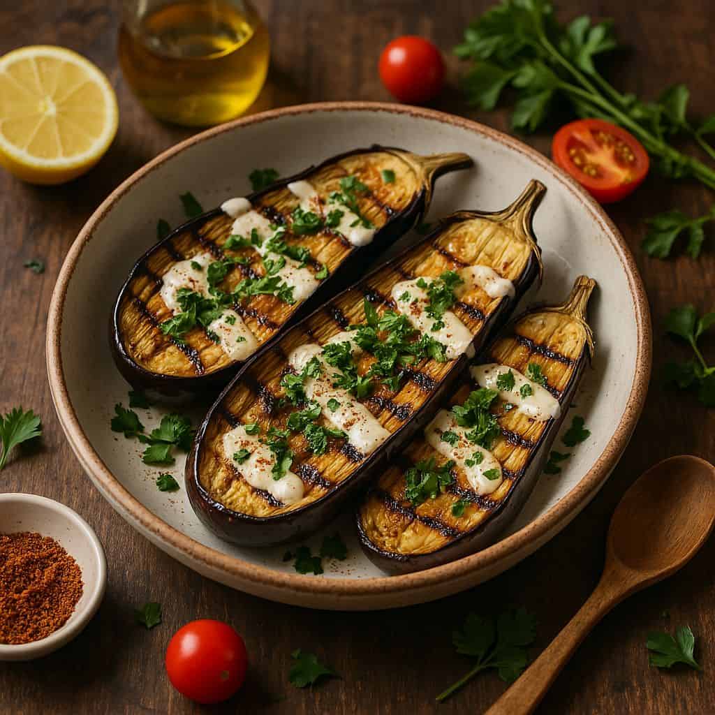 Gegrilde aubergine met tahin