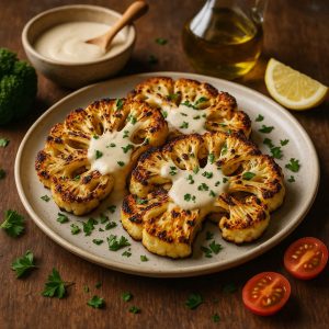 Gegrilde bloemkoolsteaks met tahinsaus