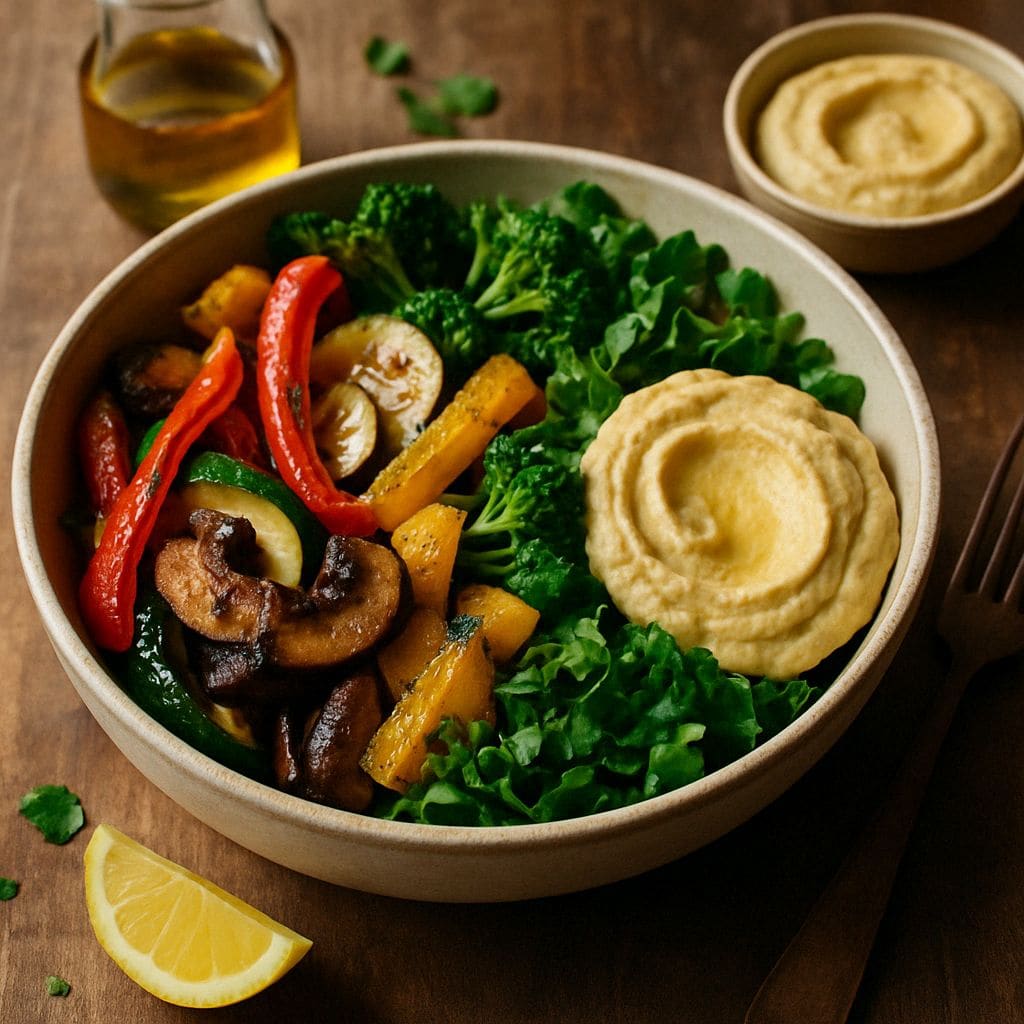 Gegrilde groenten salade met hummus