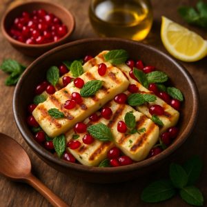 Gegrilde halloumi met munt en granaatappel