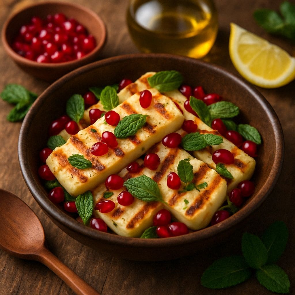 Gegrilde halloumi met munt en granaatappel