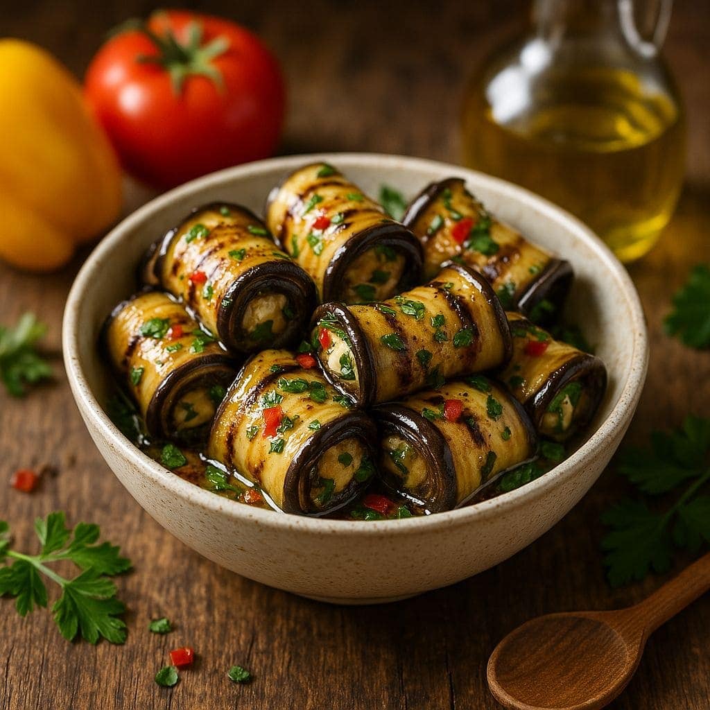 Gemarineerde aubergine rolletjes