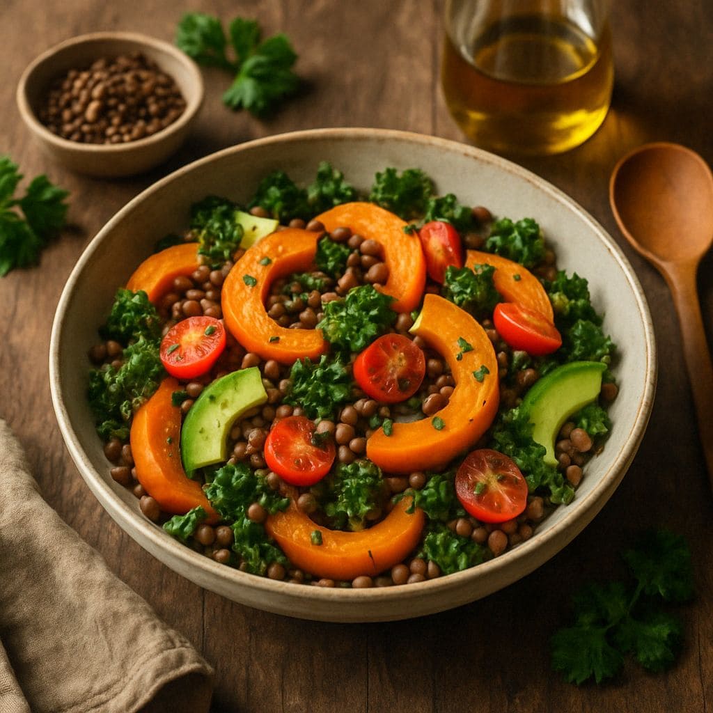 Geroosterde pompoensalade met linzen