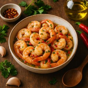 Gestoomde garnalen met knoflook en chili