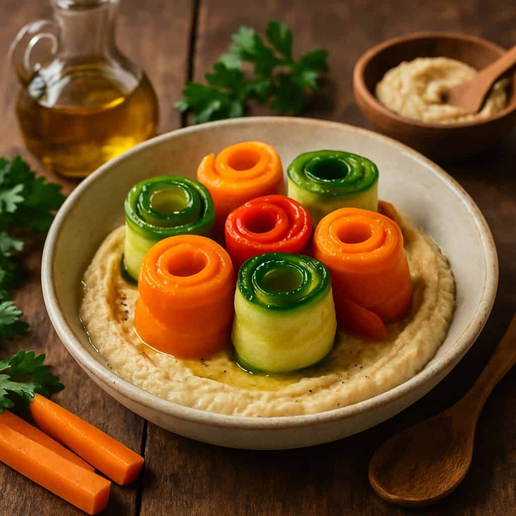 Gestoomde groentenrolletjes met hummus