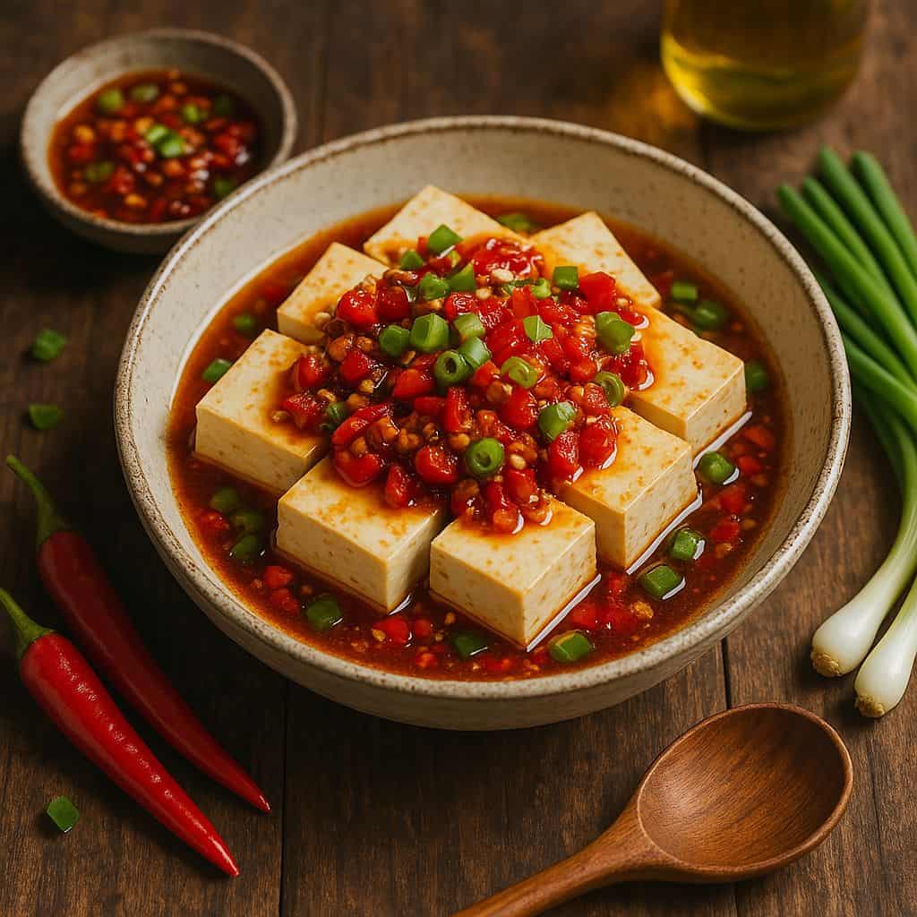 Gestoomde tofu met chili-knoflooksaus