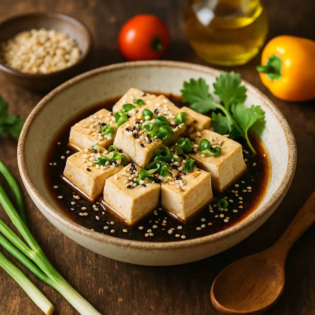 Gestoomde tofu met sesam en sojasaus