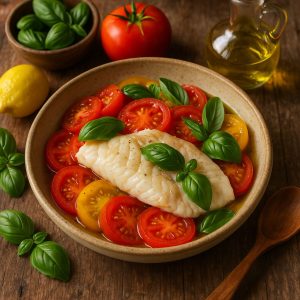 Gestoomde visfilet met tomaat en basilicum
