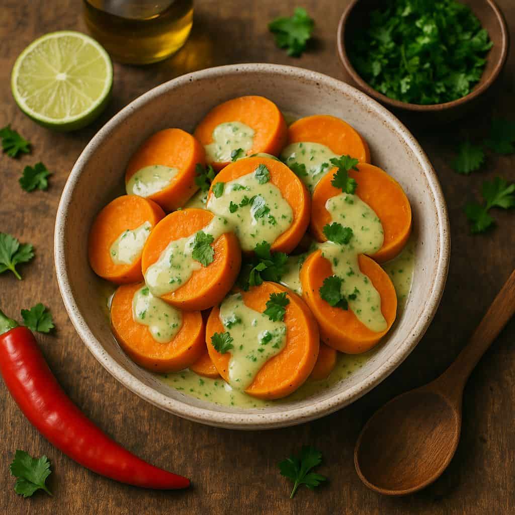 Gestoomde zoete aardappel met limoensaus