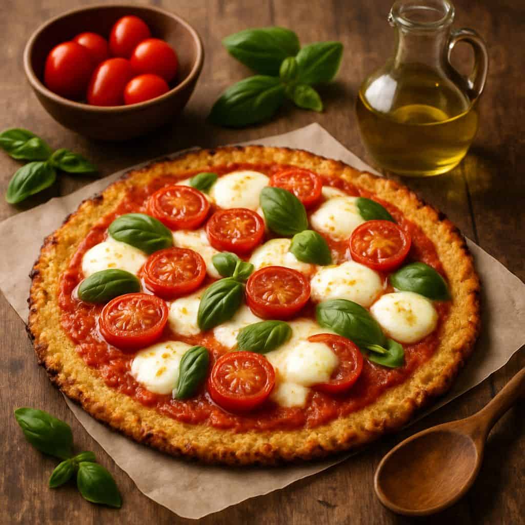 Gezonde bloemkoolpizza met mozzarella en tomaat