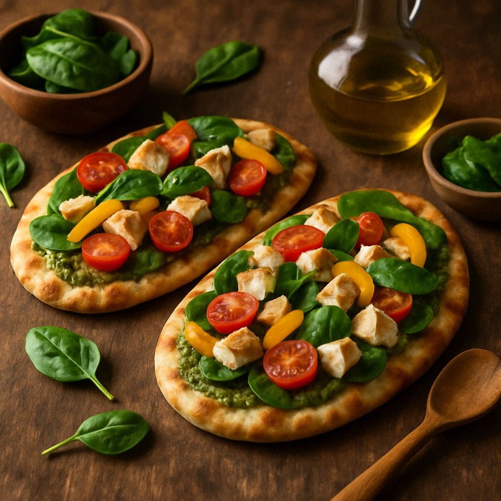 Gezonde naan pizza met spinazie en kip
