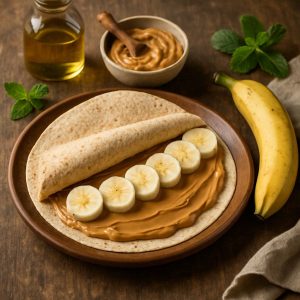 Gezonde ontbijtwrap met banaan en pindakaas