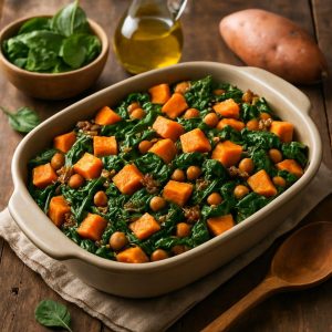 Gezonde ovenschotel met zoete aardappel en spinazie