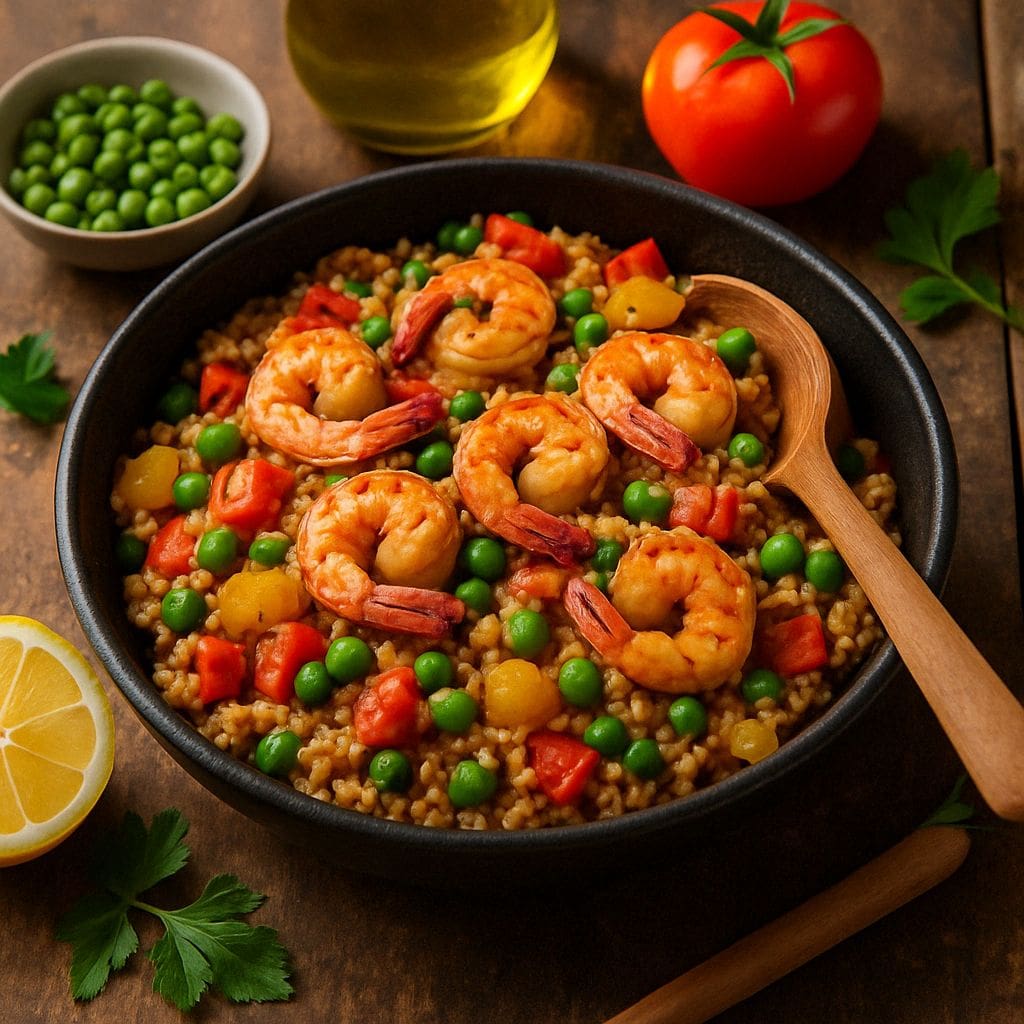 Gezonde paella met volkorenrijst en garnalen