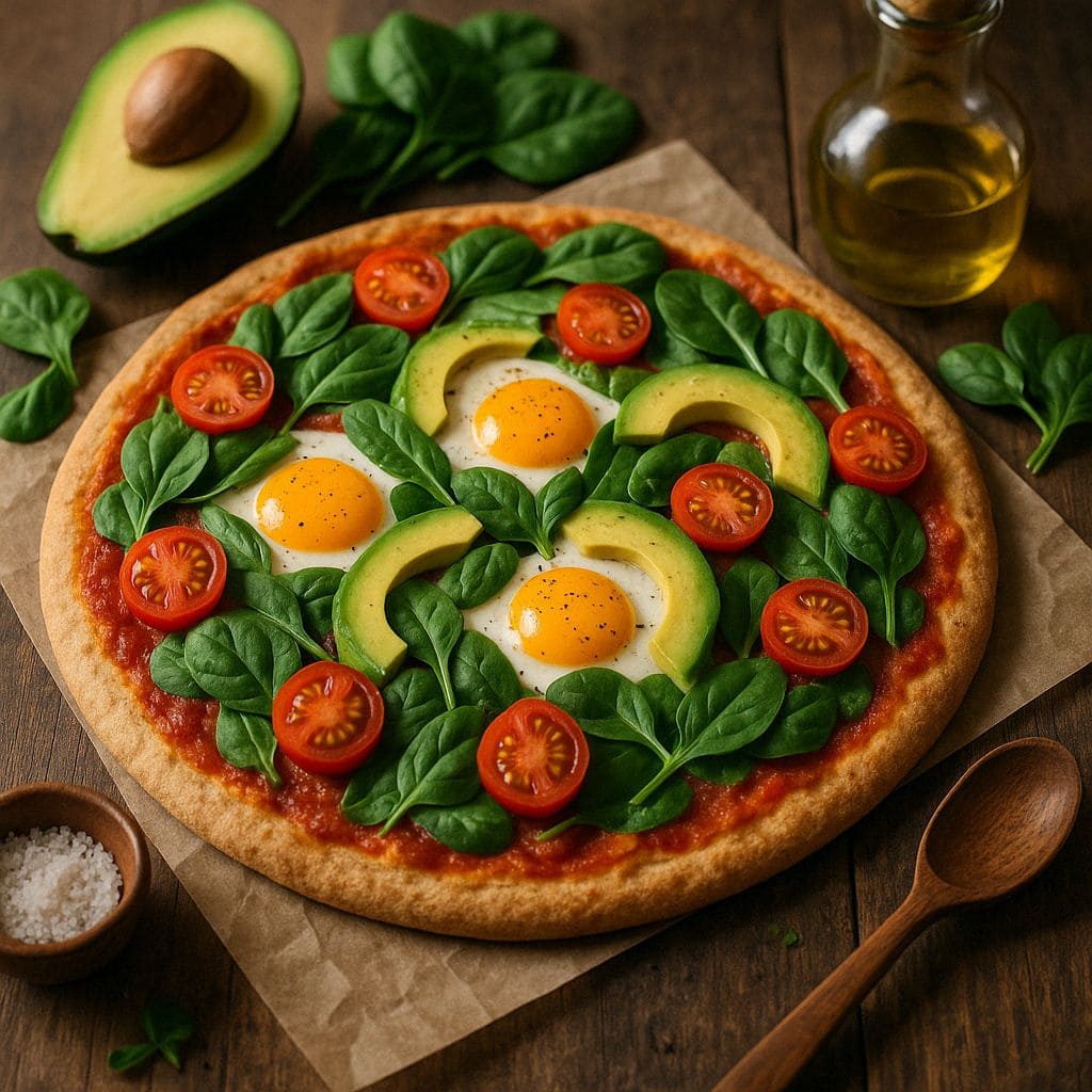 Gezonde pizza met avocado en ei