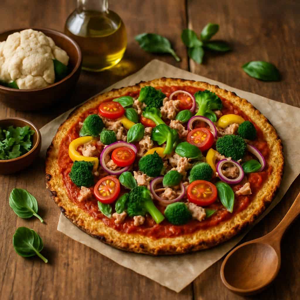 Gezonde pizza met bloemkool en tonijn