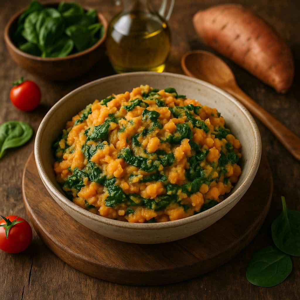 Gezonde stamppot met zoete aardappel en spinazie