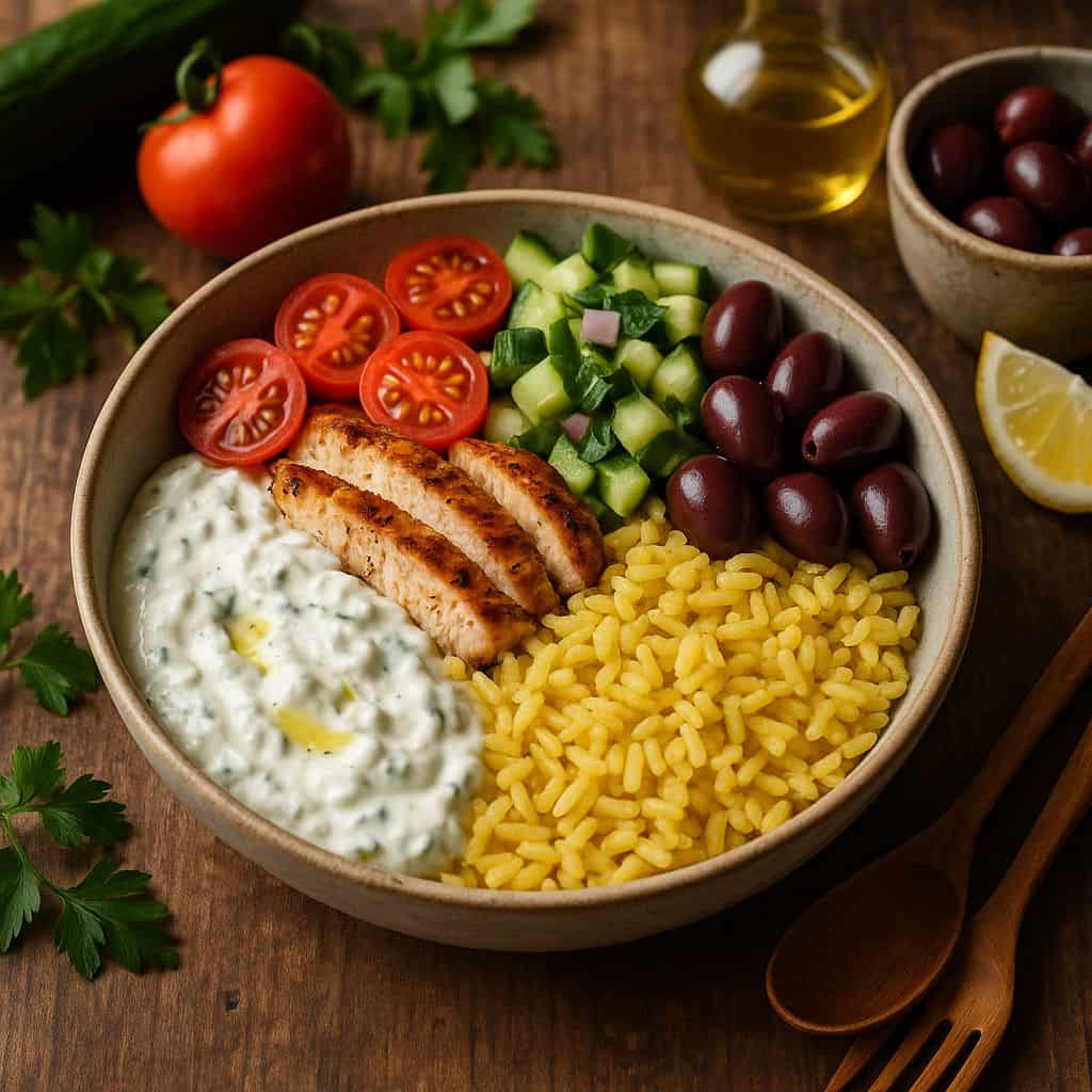 Griekse bowl met tzatziki en olijven