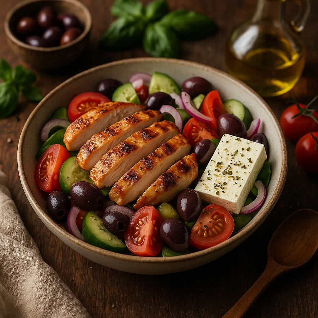 Griekse salade met gegrilde kip