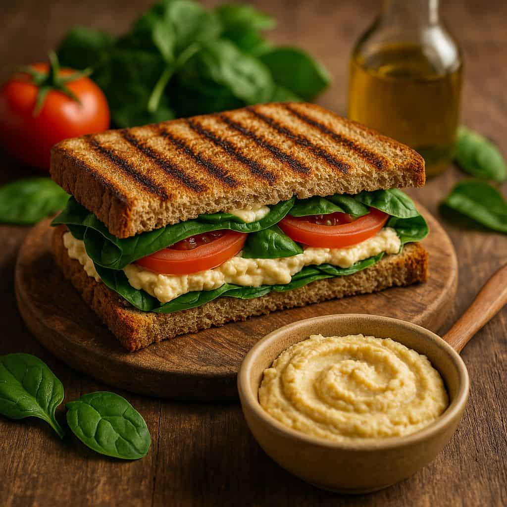 Grillpan sandwich met hummus en spinazie