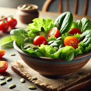 Groene salade met cherrytomaten en pompoenpitten