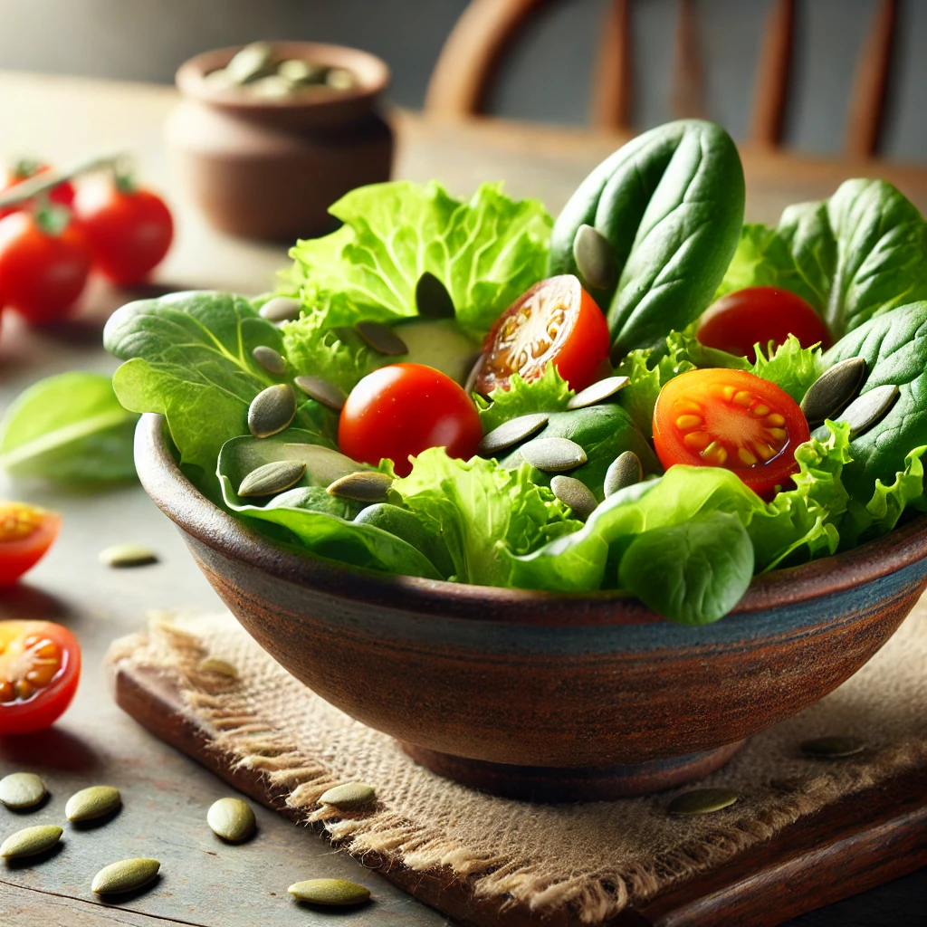 Groene salade met cherrytomaten en pompoenpitten