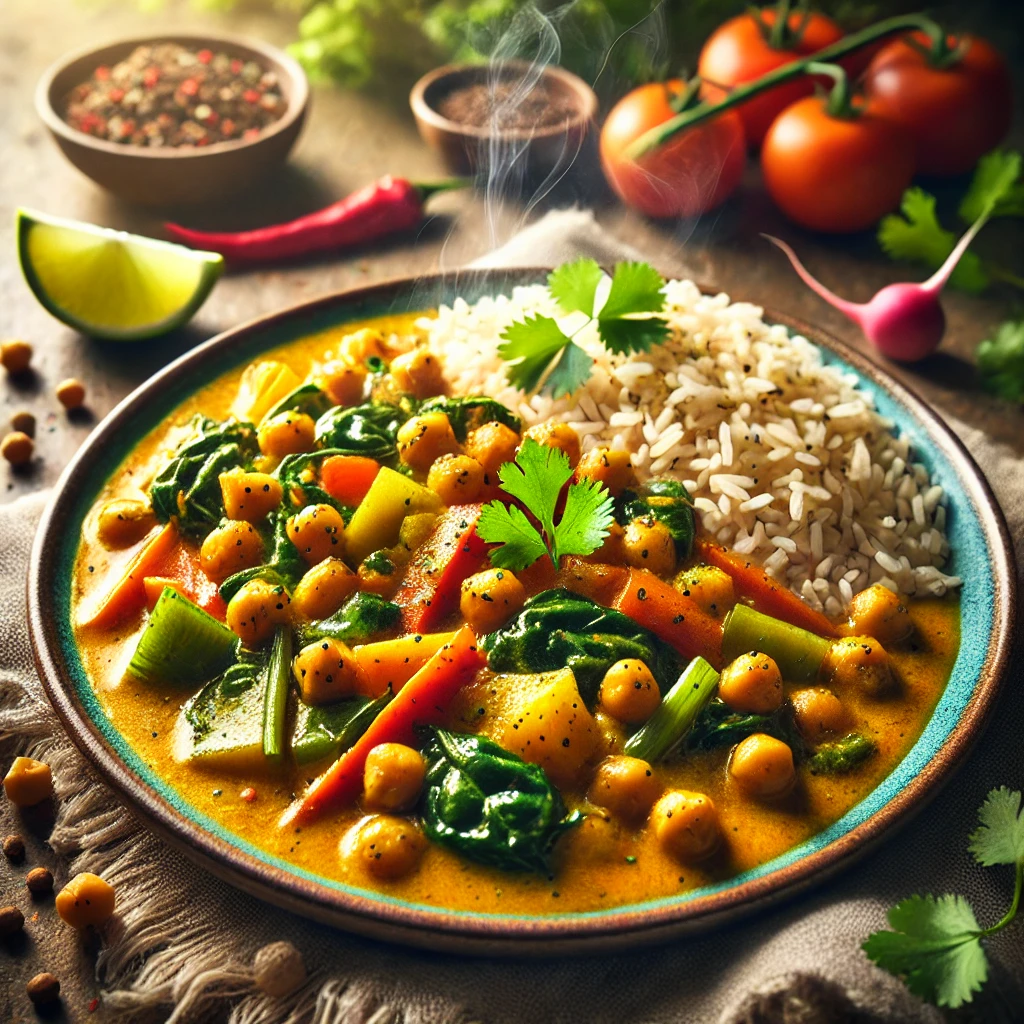 Groentecurry met kikkererwten en volkoren rijst