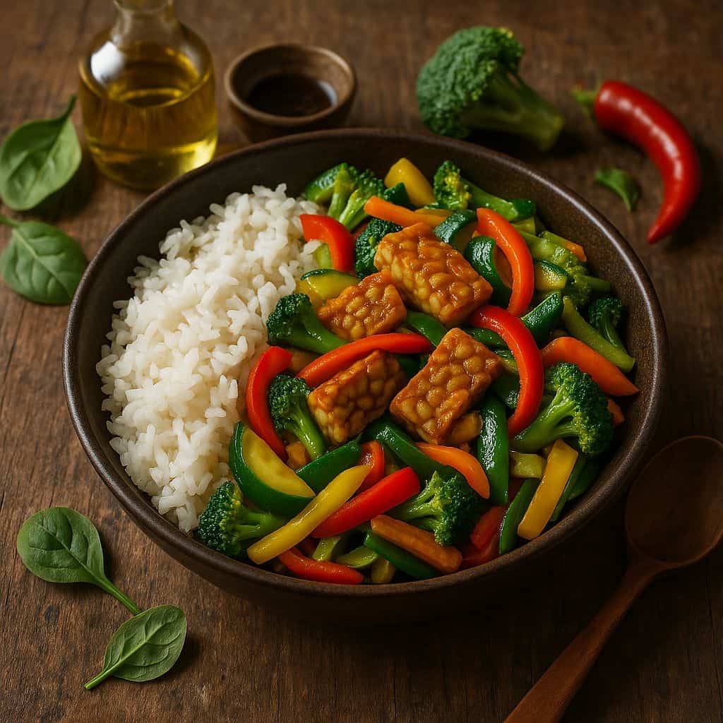 Groentewok met tempeh en kokosrijst