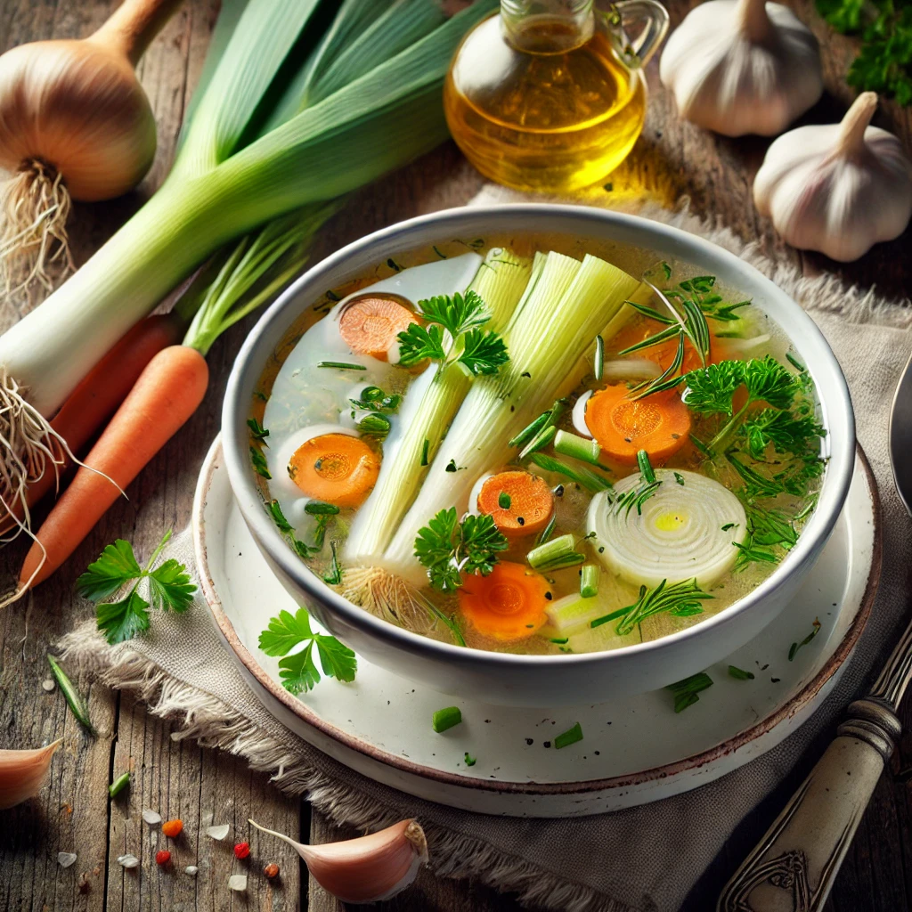 Heldere groentesoep met prei en knoflook