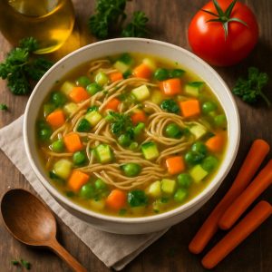 Heldere groentesoep met volkoren vermicelli