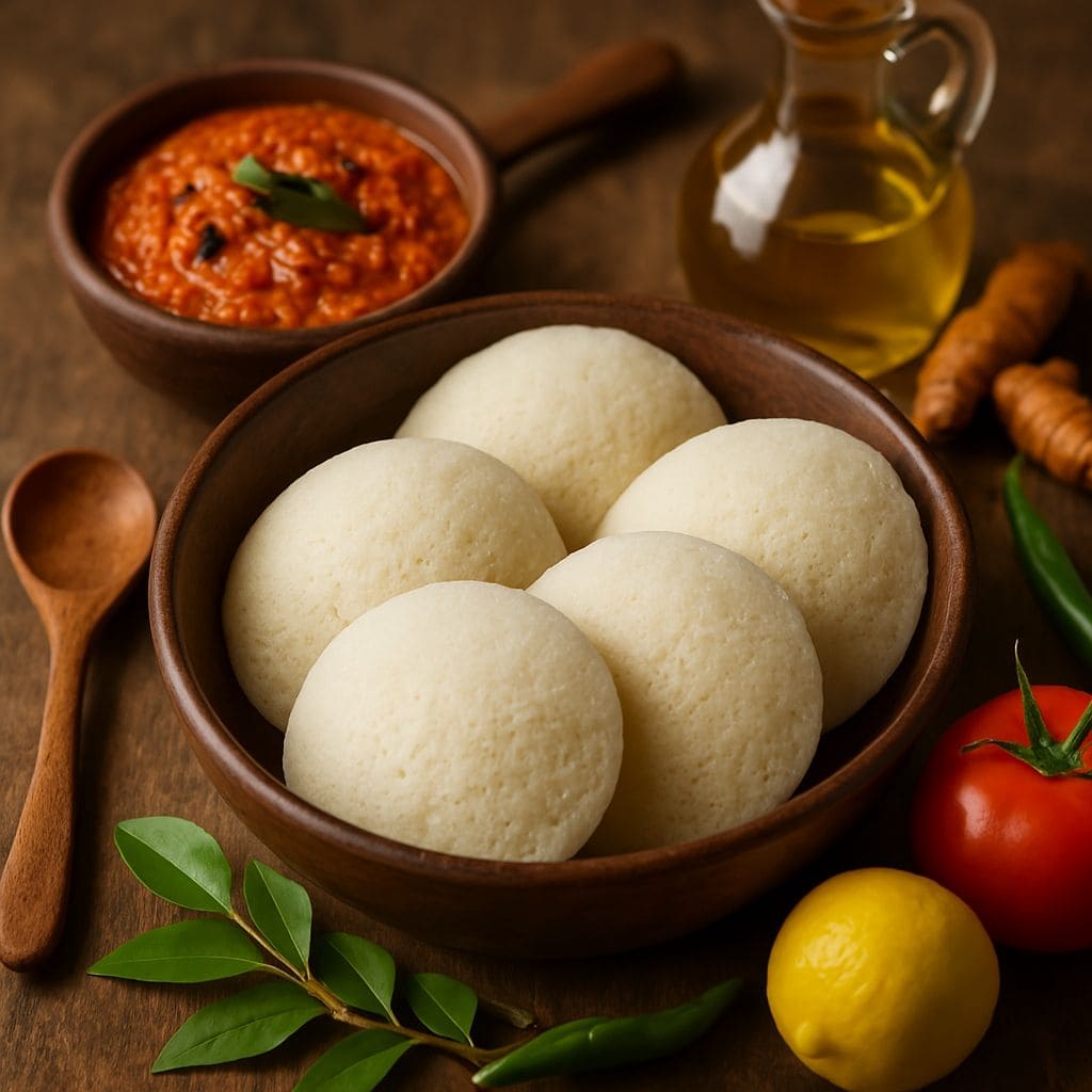 Indiase idli (gestoomde rijstcakejes)