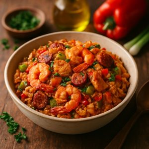 Jambalaya met garnalen en kip