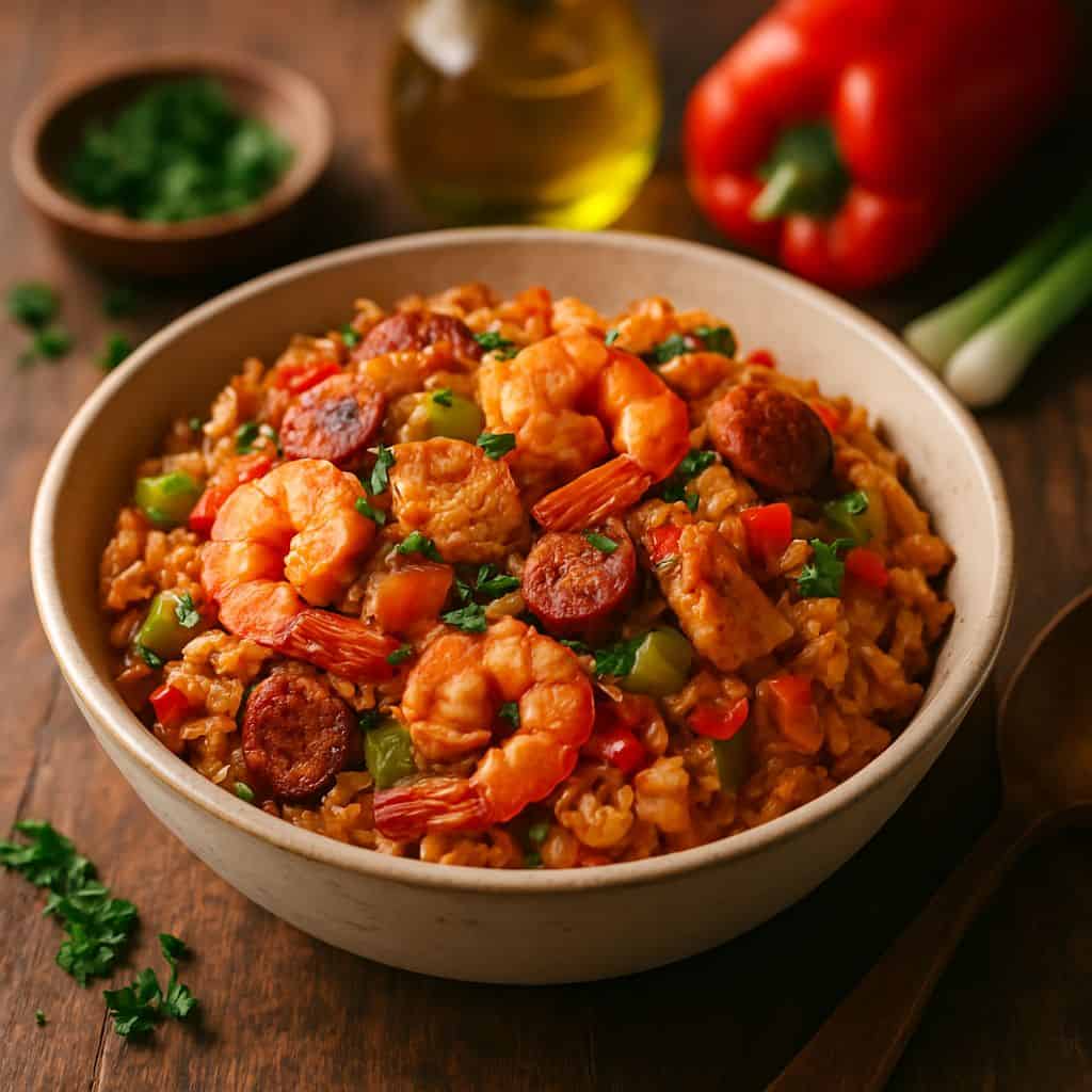 Jambalaya met garnalen en kip