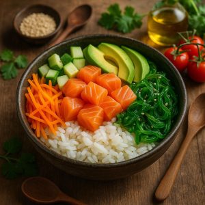Japanse sushi bowl met zalm en zeewier