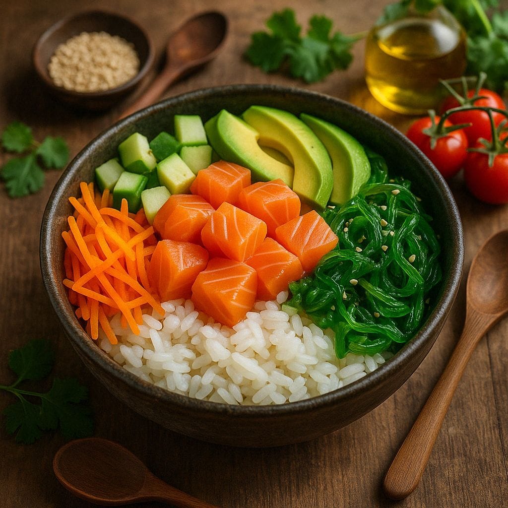 Japanse sushi bowl met zalm en zeewier