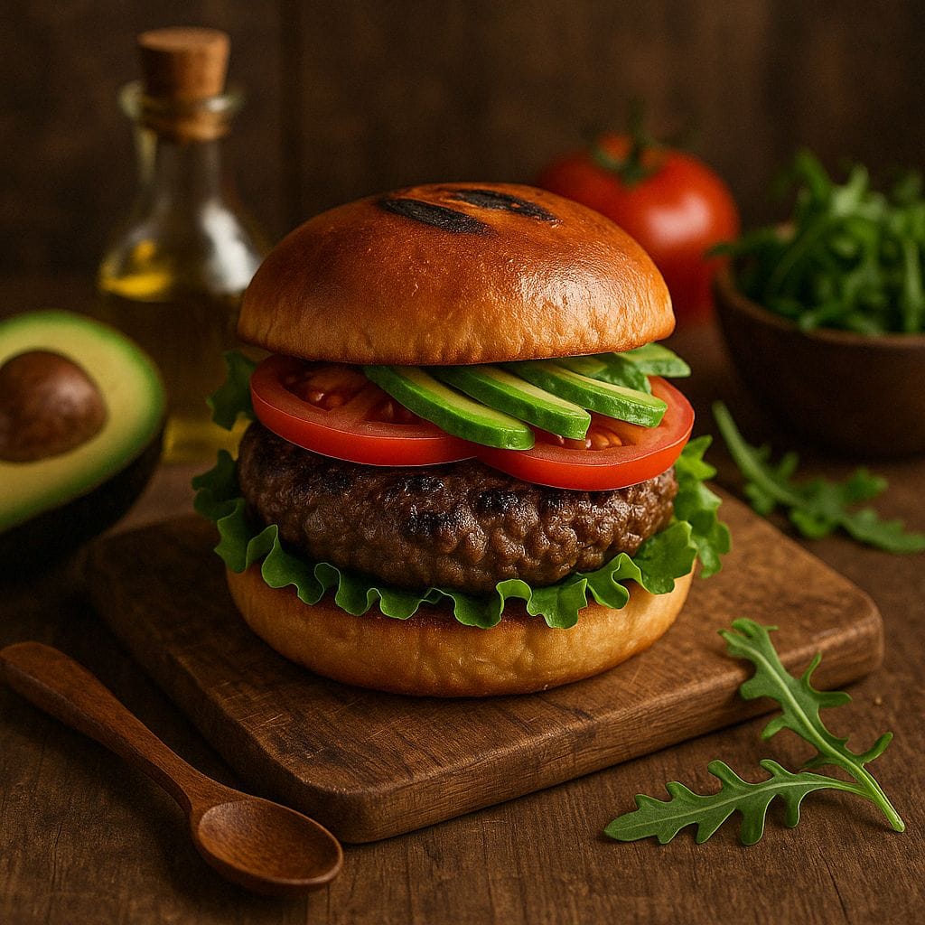 Kamado hamburger met avocado en tomaat