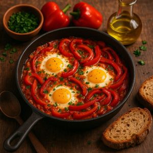 Kamado shakshuka met gegrilde paprika