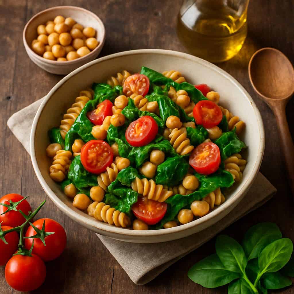 Kikkererwten pasta met spinazie en tomaat