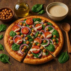 Kikkererwten pizza met tahin dressing