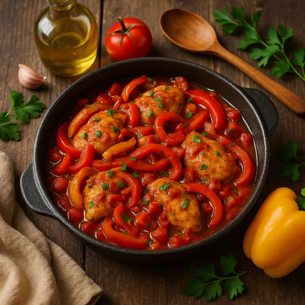 Kip cacciatore met paprika en tomaat